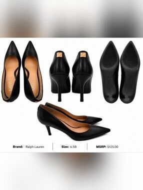 Ralph Lauren Black Pointed-Toe Kitten Heel Pumps with Gold Logo